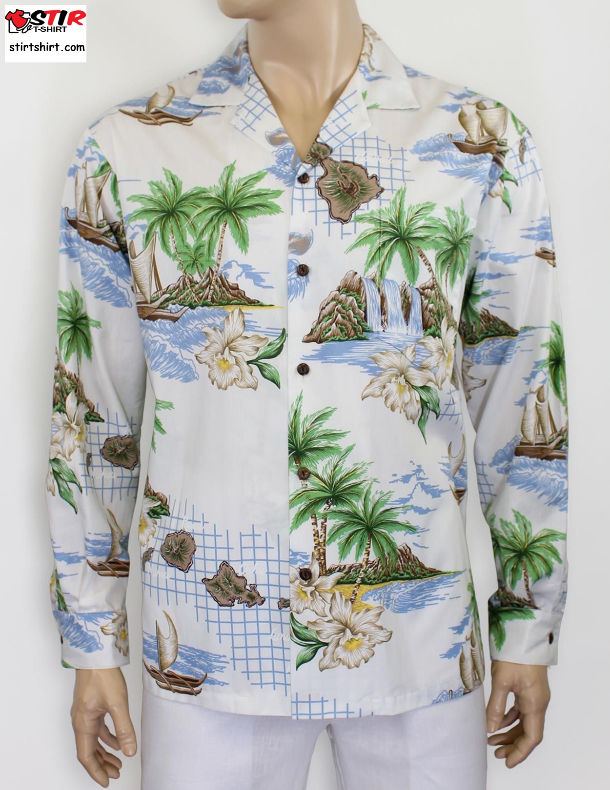 White Hawaii Islands Long Sleeve Cotton Shirt   Guy