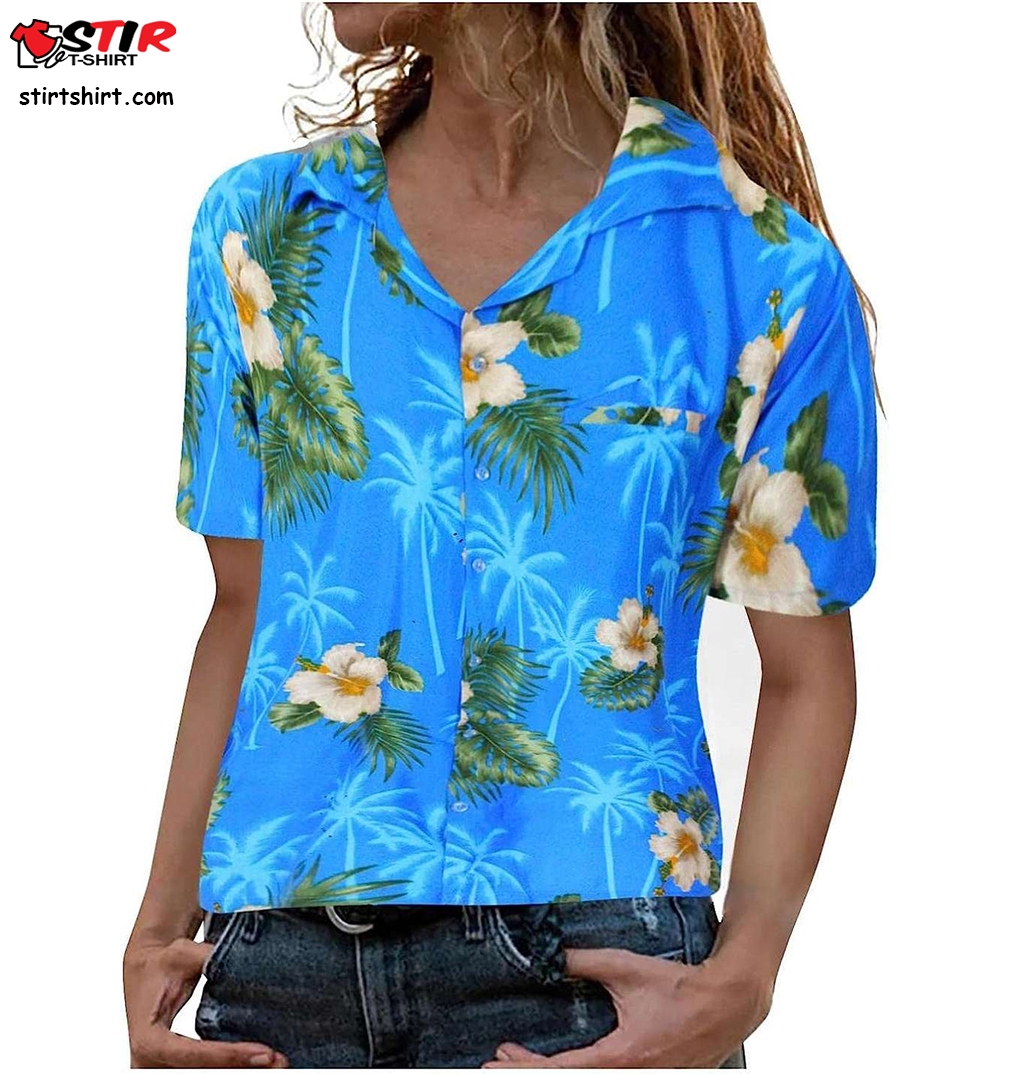 Women Short Sleeve Pockt Hawaiian Shirt Women  Hawaiian Print Shirt Womens