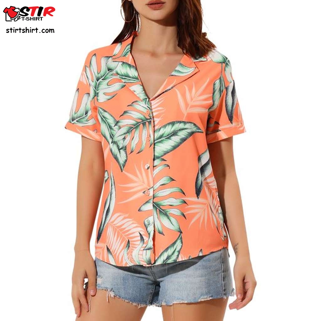 Women's Hawaiian Beach Tropical Floral Leaves Button Down Hawaiian Shirt Women Shirt  Womens 