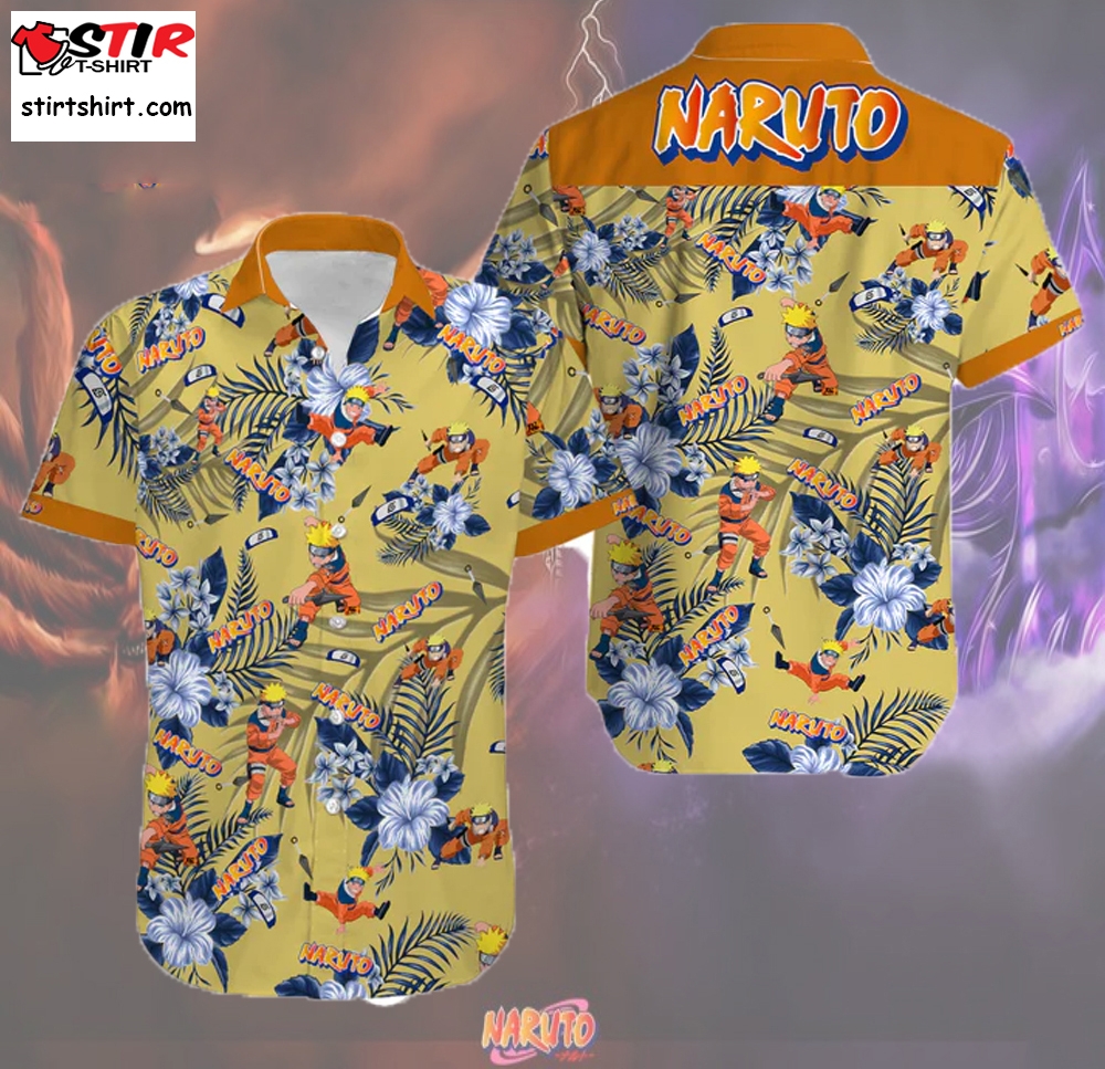Yellow Tropical Flowers And Naruto Anime Hawaiian Shirt, Naruto Merchandise