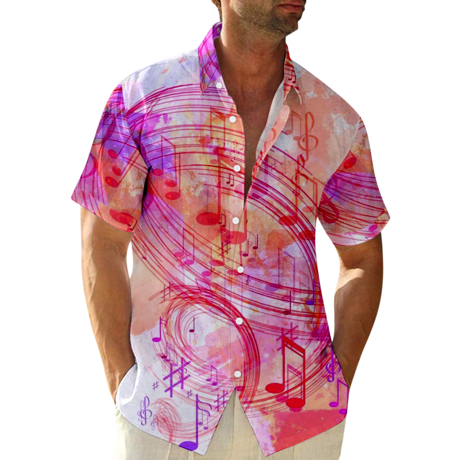 Aayomet Hawaiian Shirt Male Summer Casual Music Print Plus Size Shirt Short Sleeve Turn Down Collar Mesh Shirt Men Pinkjpeg  Mens Pink 