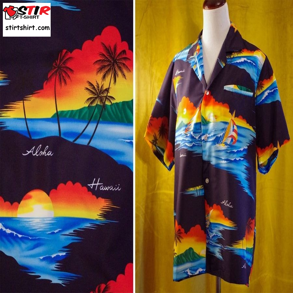 Aloha Hawaii 1970'S 80'S Men's Vintage Deep Navy Blue Colorful Hawaiian Sunset Shirt  Size Medium Large  Made In Hawaii Usa  Vintage s