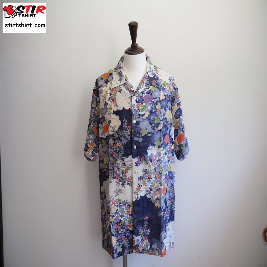 Aloha Hawaiian Shirt Vintage Antique Japanese Kimono Remake Silk, Blueautumn, L Kiwa  Vintage s
