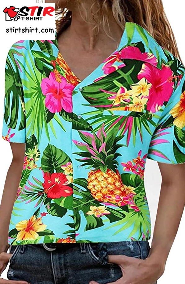 Apfopard Womens Hawaiian T Shirt Hawaii Beach Printed Short Sleeve Shirts Button Down Funky Pocket Loose Summer Tops Casual  Hawaiian T Shirt Womens