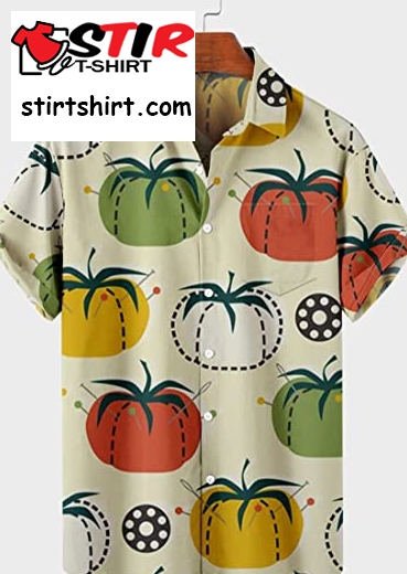 Asdfy Hawaiian Shirt, Funky Shirt Cartoon Pumpkin Print Beige Hawaiian Shirt Kent Collar Button Down Top Short Sleeved Shirts