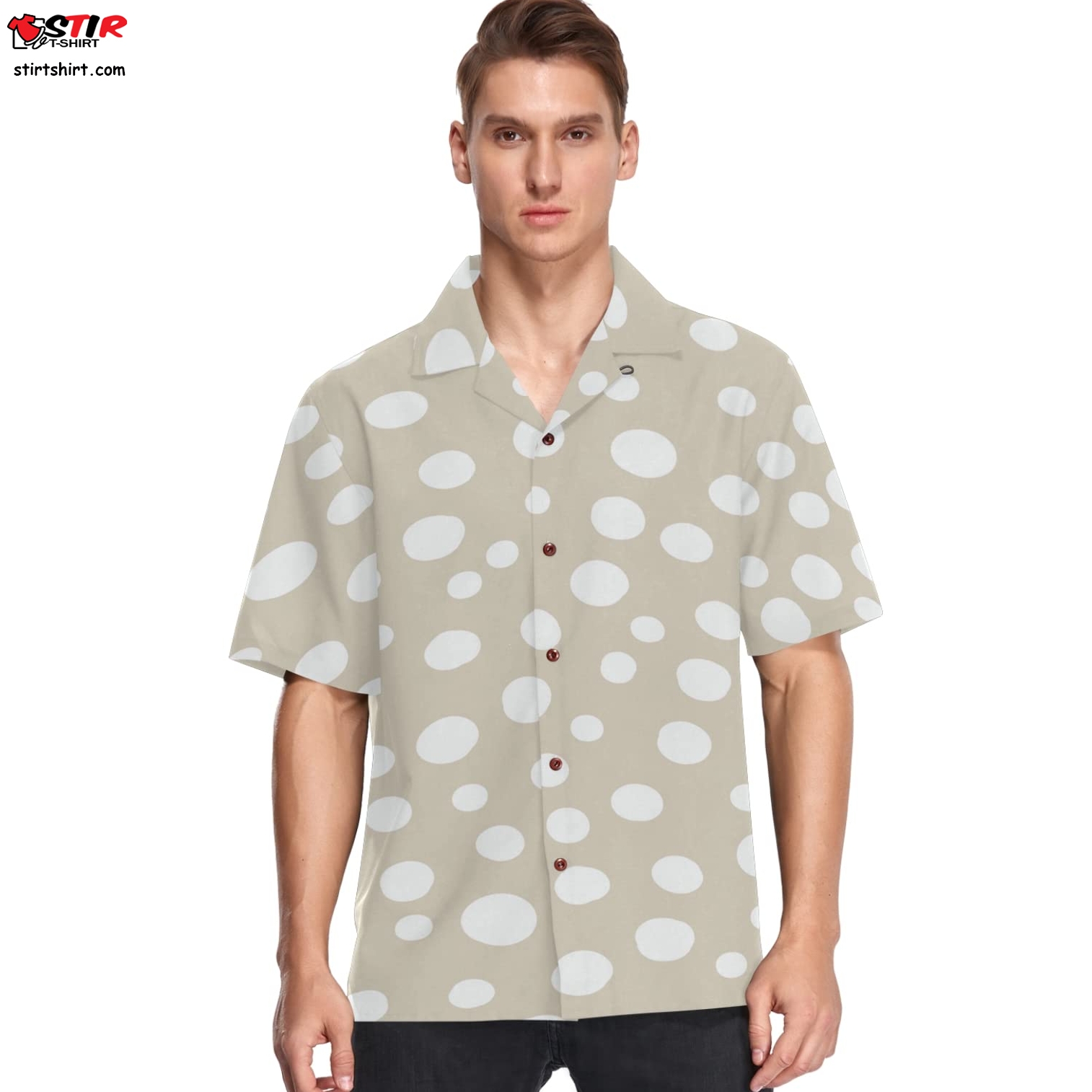 Beige White Polka Dot Men_S Hawaiian Shirt Short Sleeves Button Down Aloha Shirts  Beige 