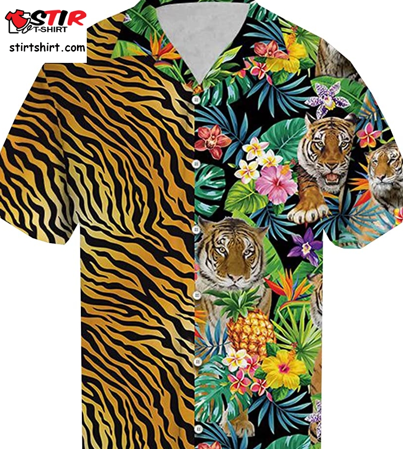 Bengal Tiger Hawaiian Shirts For Men   Tropical Leaves Button Down Mens Hawaiian Shirts