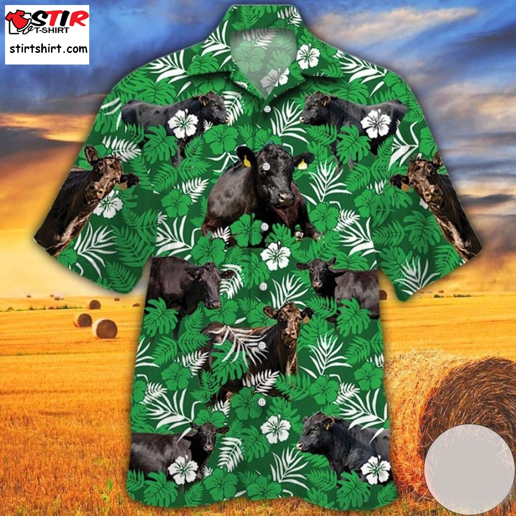 Black Angus Cattle Lovers Green Floral Pattern Hawaiian Shirt  s Black
