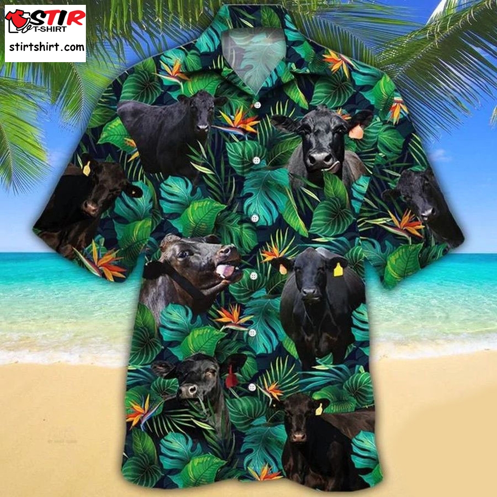 Black Angus Cattle Lovers Tropical Leaves Hawaiian Shirt  s Black