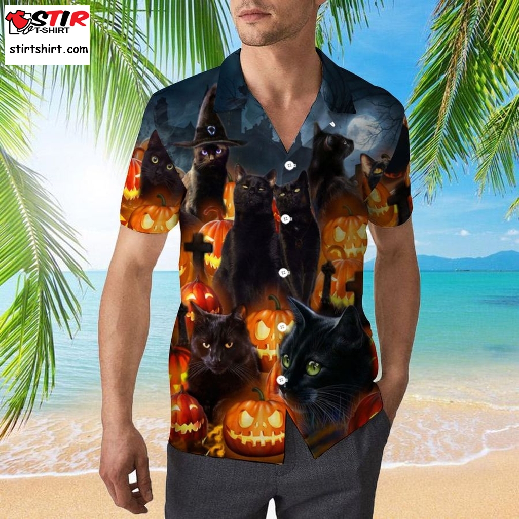 Black Cat And Scary Pumpkin 3D All Over Print Button Design For Halloween Hawaii Shirt  s Black