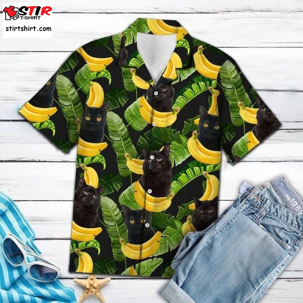 Black Cat Forest Banana For Men And Women Graphic Print Short Sleeve Hawaiian Casual Shirt Y97  s Black