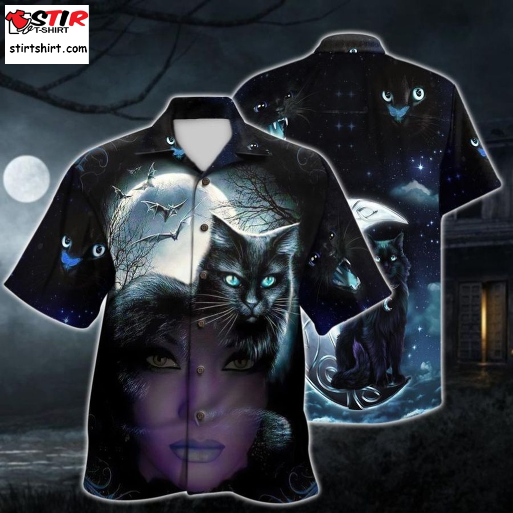 Black Cat Witch Purple 3D All Over Print Button Design For Halloween Hawaii Shirt  s Black