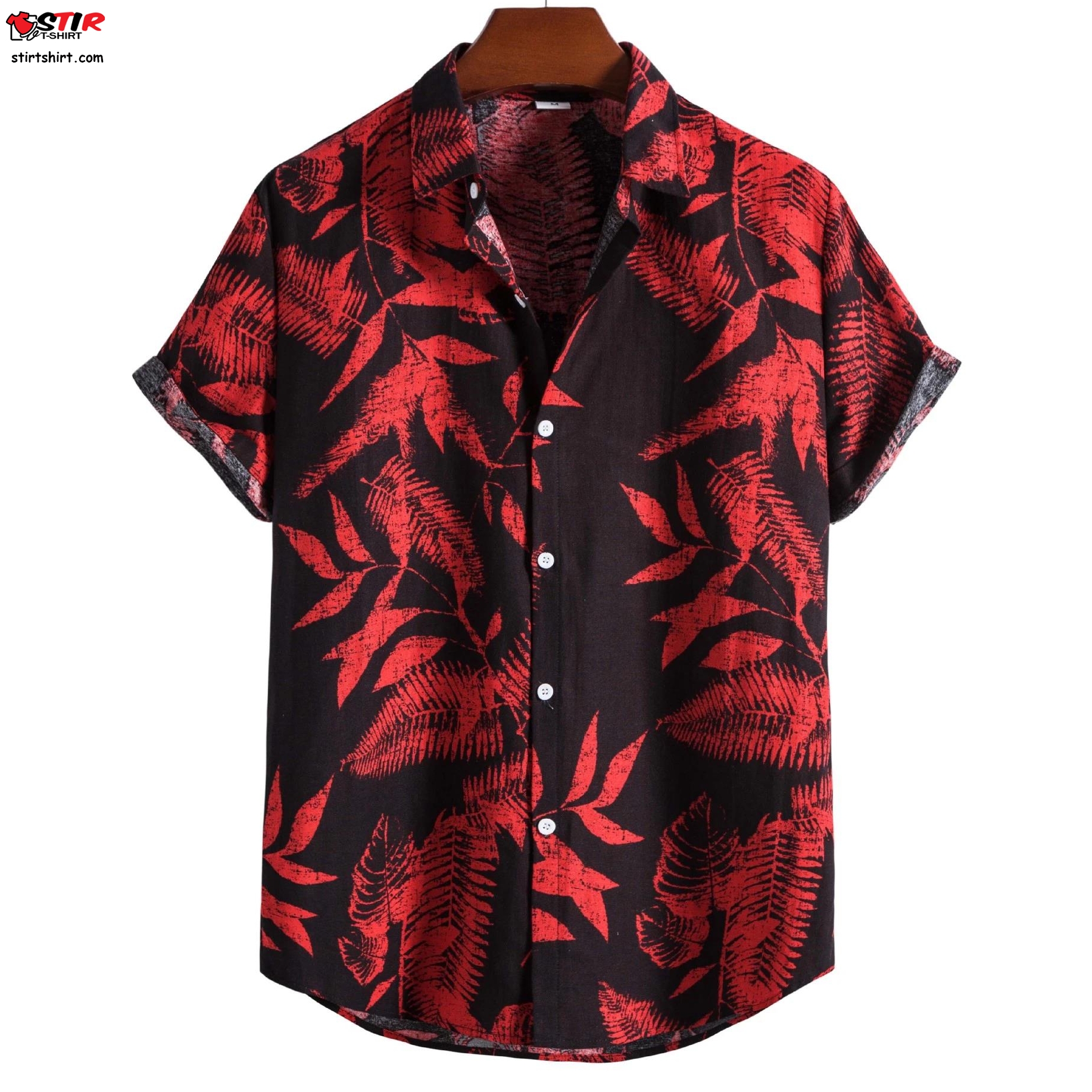 Black Red Leaf Print Cotton Linen Shirt Men 2022 Summer New Slim Fit Short Sleeve Hawaiian Shirt  Black And Red 