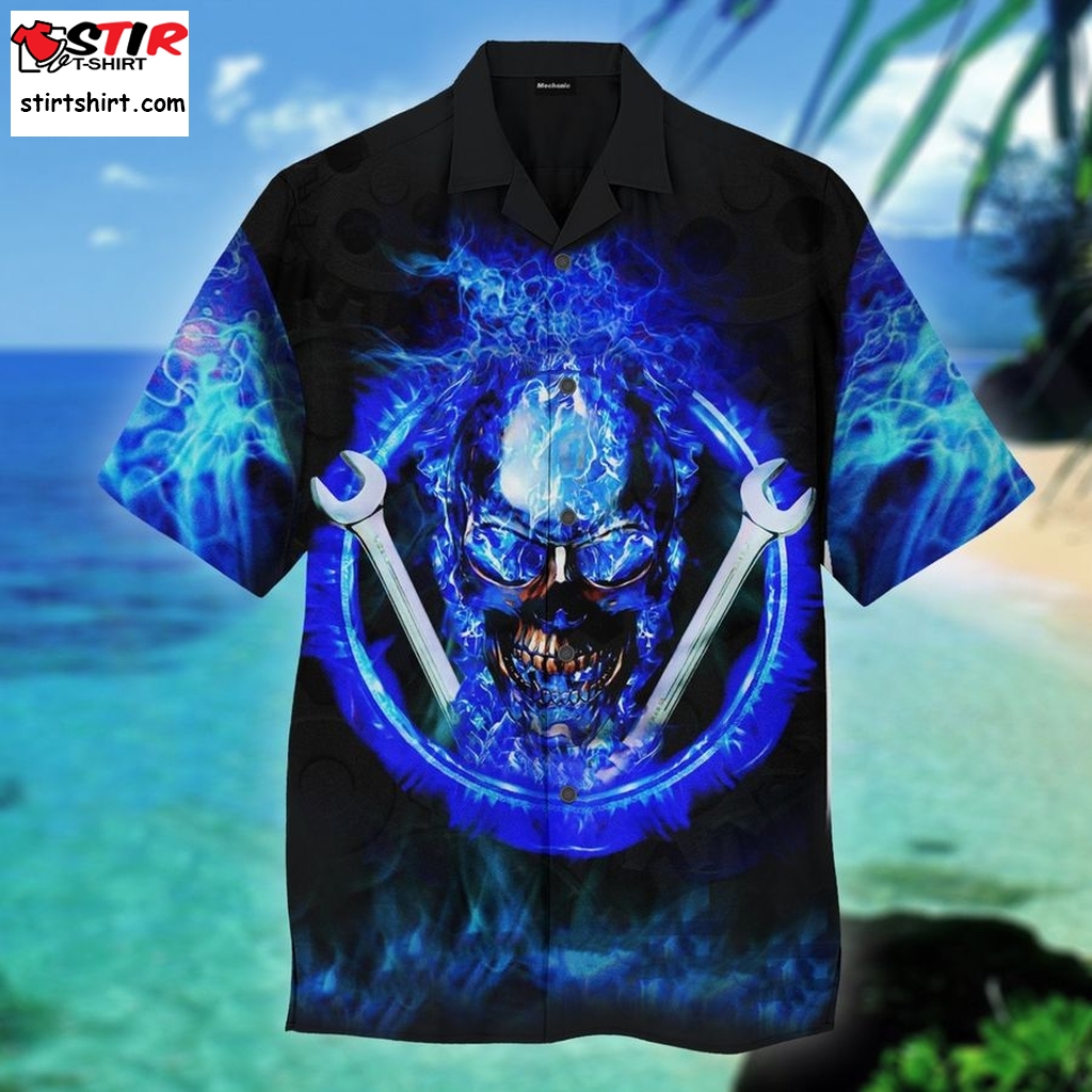 Blue Fire Skull Mechanic Hawaiian Shirt Pre13539, Hawaiian Shirt, Funny Shirts, Gift Shirts  Funny s
