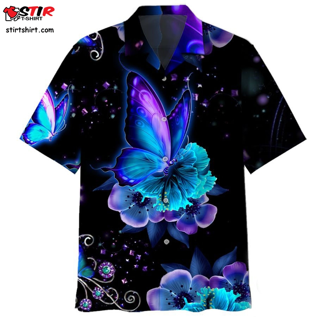 Butterfly Neon Blue Flowers Hawaiian Shirt  s Blue