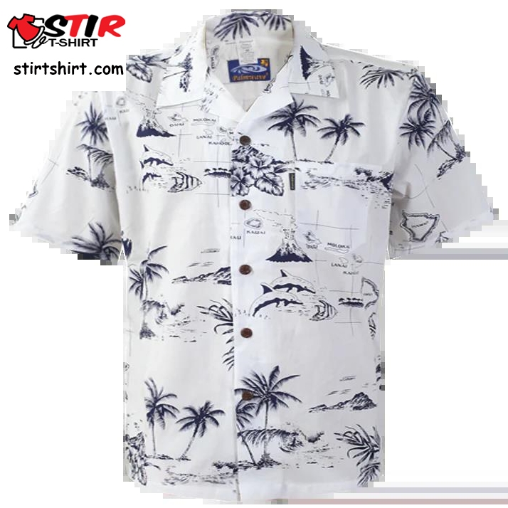 C90 A290 (White Map), Men 100_ Cotton Aloha Shirt  White 