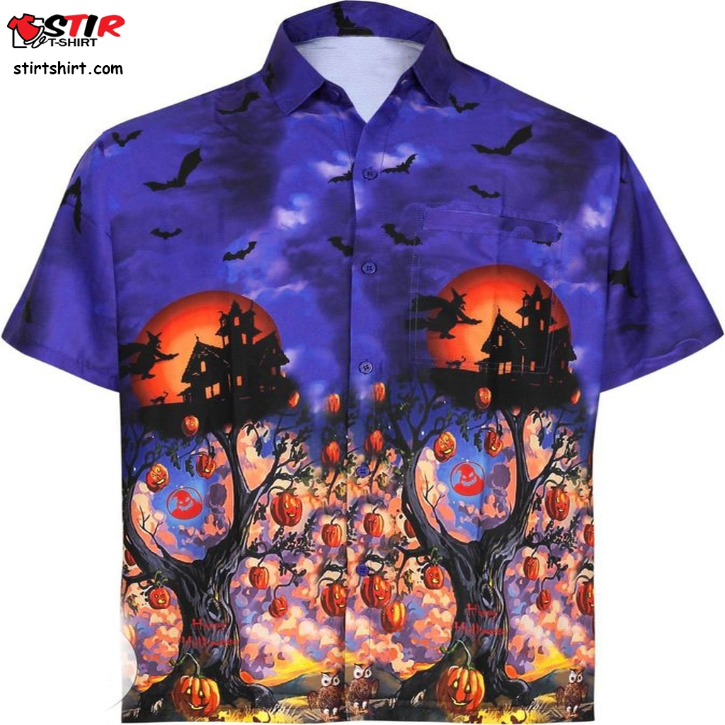 Camp Hawaiian Scary Halloween Party Costume Pumpkin Witch Shirt Royal Blue  s Blue