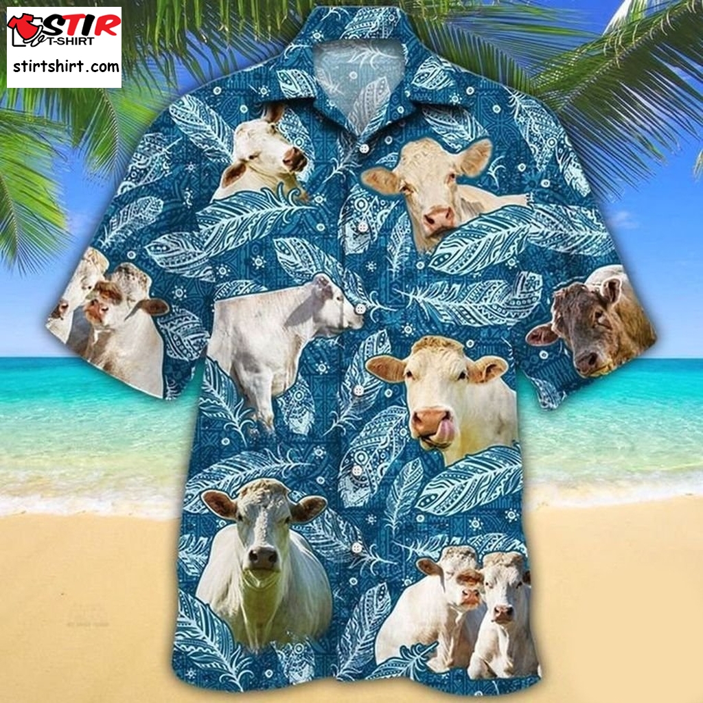 Charolais Cattle Lovers Blue Feather Hawaiian Shirt  s Blue