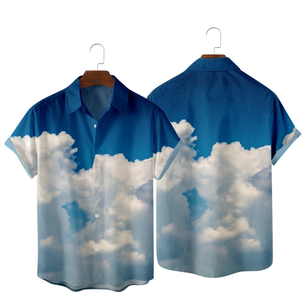 Clouds Blue Sky Print Shirt, Fashion Casual Simple Style Hawaiian Beach, Summer Pocket Shirtsjpeg  Blue Sky Inn 