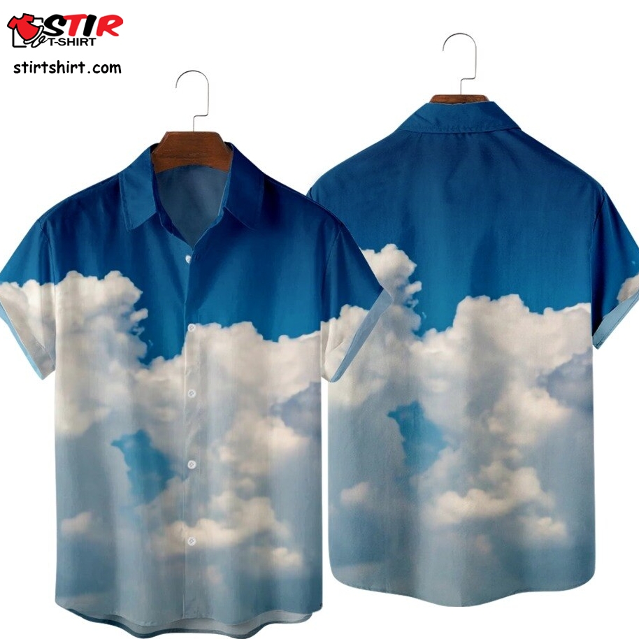 Clouds Blue Sky Print Shirt, Fashion Casual Simple Style Hawaiian Beach, Summer Pocket Shirts  Blue Sky Inn 