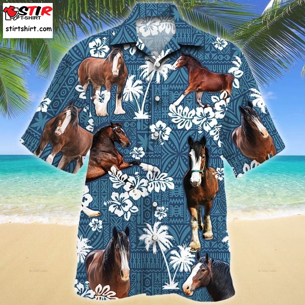 Clydesdale Horse Blue Tribal Pattern Hawaiian Shirt  s Blue