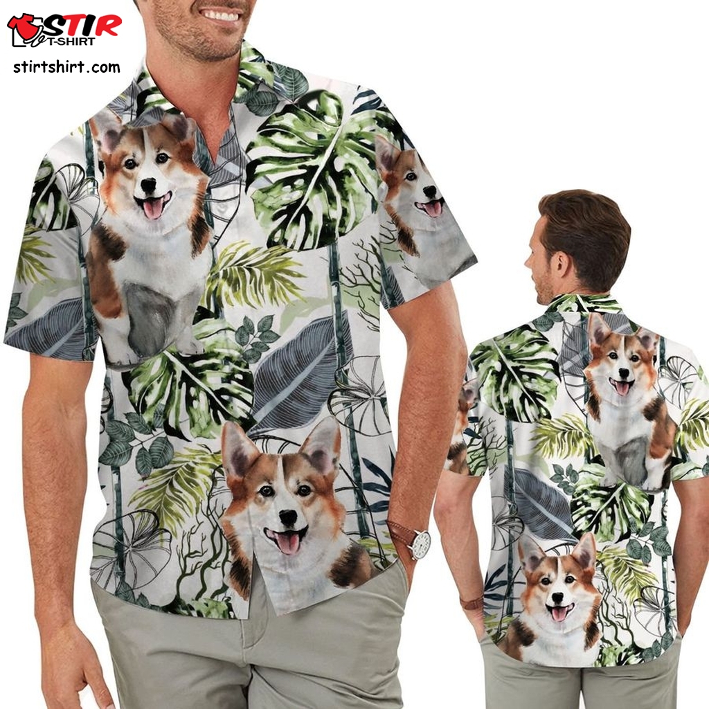 Corgi Vintage Tropical Leaves Men Aloha Hawaiian Button Up Shirt For Dog Lovers In Beach Summer Vacation  Vintage s