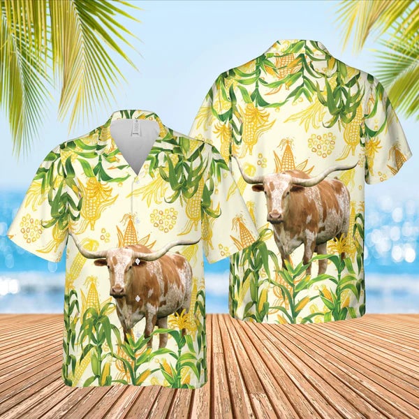 Corn Farm Texas Longhorn 3D Hawaiian Shirt, Cow Hawaiian Shirt, Summerjpeg  Corn 