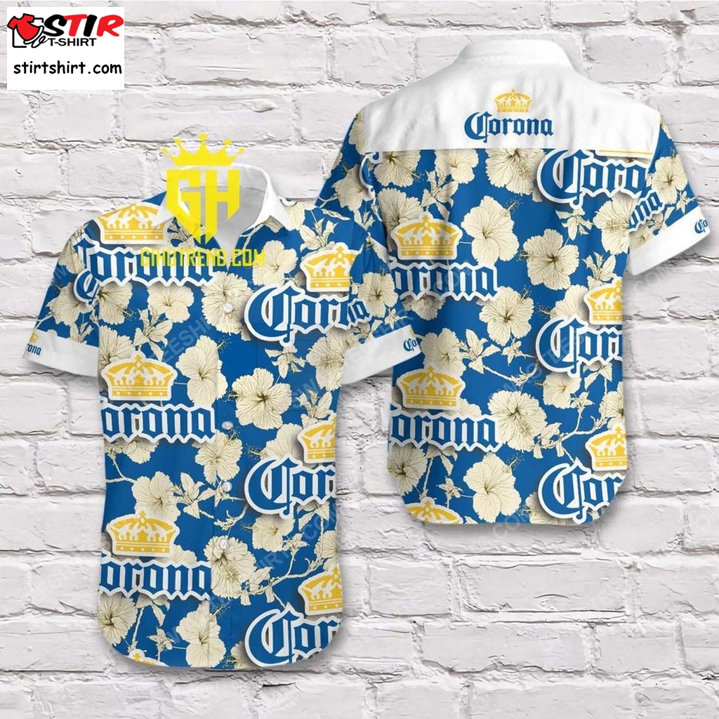 Corona Beer Blue Gold Tropical Summer Short Sleeve Hawaiian Shirt And Shorts  s Blue