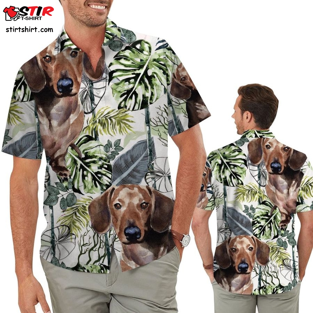 Dachshund Vintage Tropical Leaves Men Aloha Hawaiian Button Up Shirt For Wiener Dog Lovers In Beach Summer Vacation  Vintage s