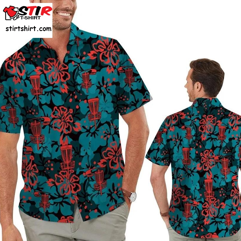 Disc Golf Blue Hibiscus Silhouettes Men Aloha Hawaiian Button Up Shirt  Disc Golf 