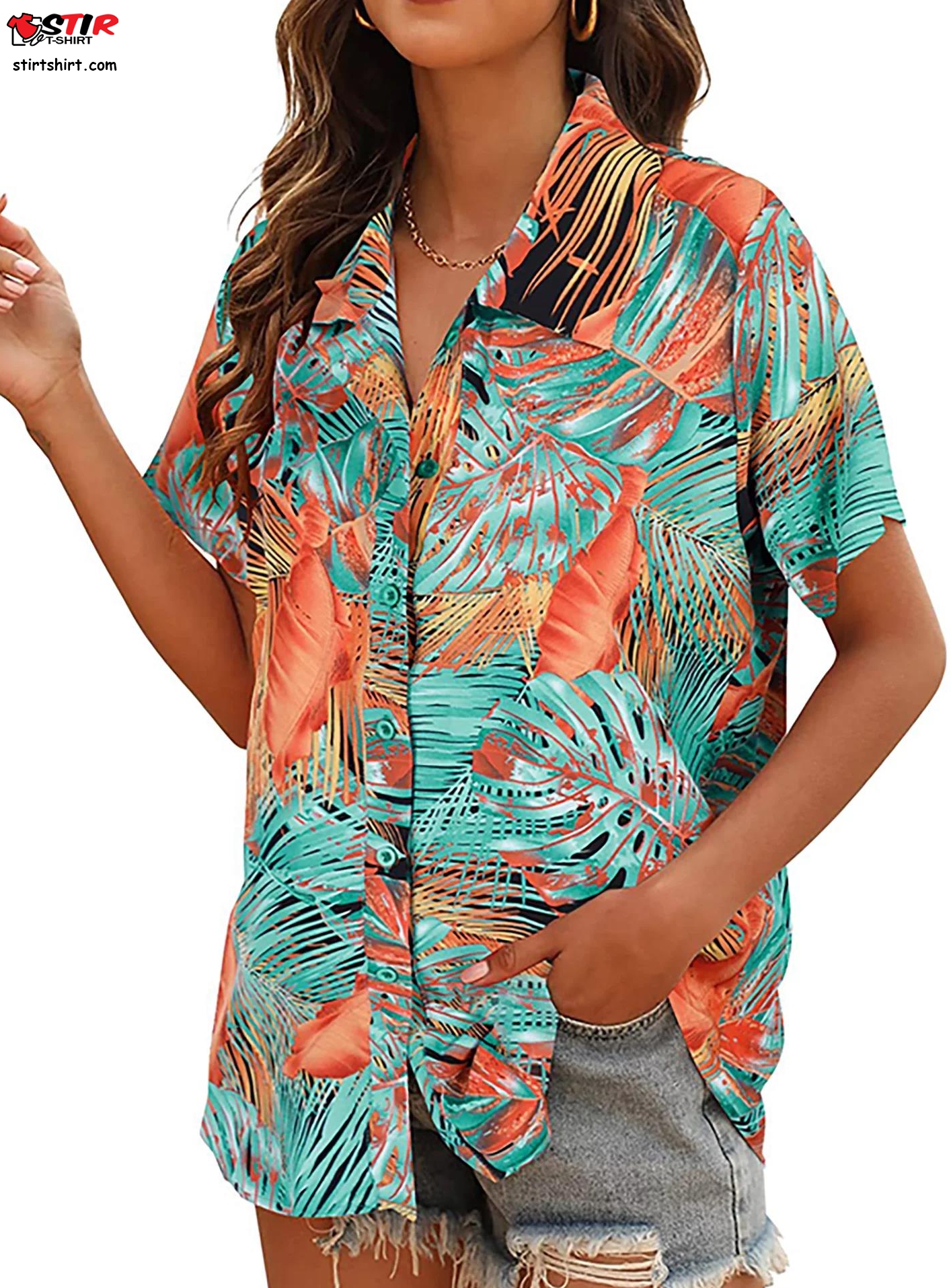 Frontwalk Women Hawaiian Style Shirts Summer Button Down Loose Floral Print Tops Beach Blouse Ladies Short Sleeve Business Tunic Shirt  Hawaiian Print Shirt Womens