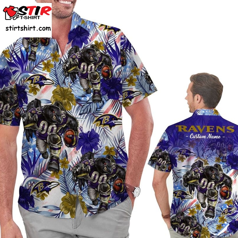 Funny Baltimore Ravens Tropical Floral America Flag Custom Name Personalized Men Women Aloha Hawaiian Shirt Short For Football Lovers   Copy   Copy