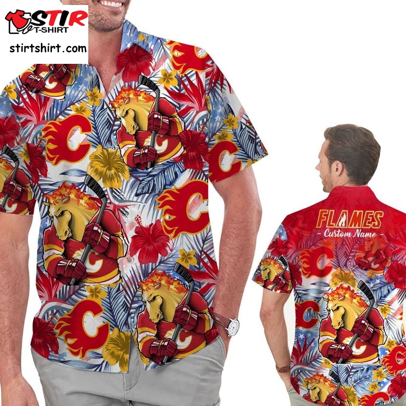 Funny Calgary Flames Tropical Floral America Flag Custom Name Personalized Men Women Aloha Hawaiian Shirt Short For Hockey Lovers   Copy   Copy