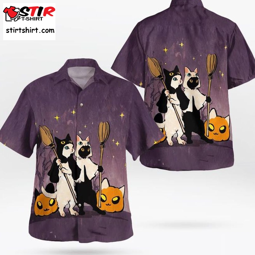 Funny Halloween Black And White Cats Witches Pumpcat 3D Hawaii Shirt, All Over Print, 3D Tshirt, Hoodie, Sweatshirt, Long Sleeve, Aop Shirt