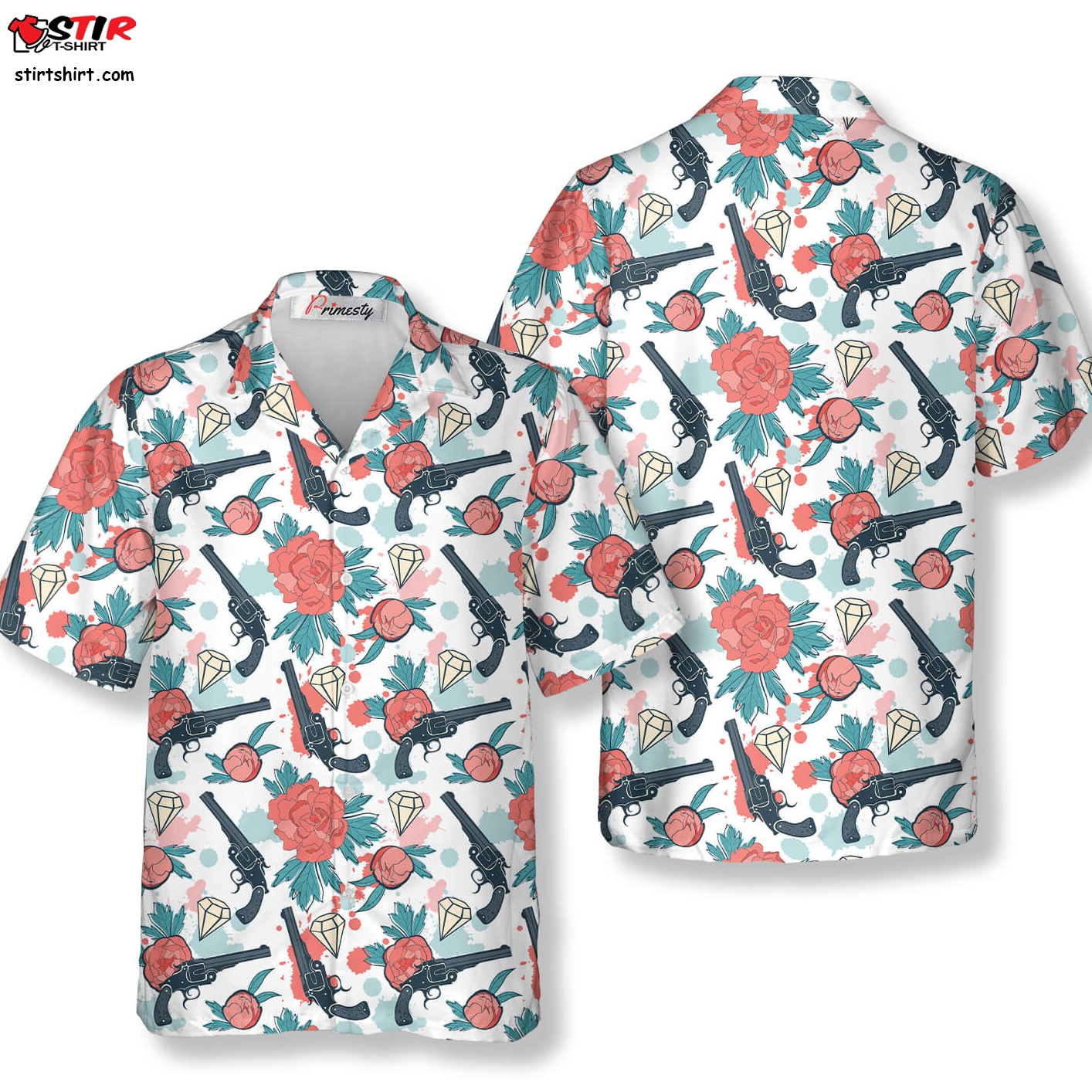 Gun, Diamond And Flower Pattern Gun Shirts For Men Gun Hawaiian Shirt  Gun s