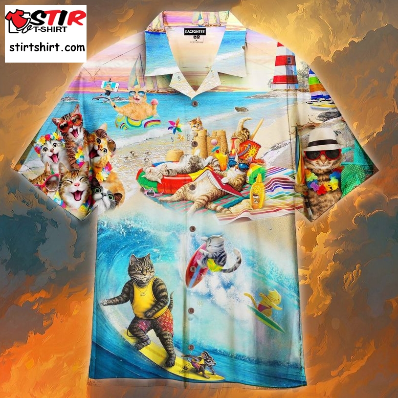 Happy Surfing Day With Cats Hawaiian Shirt Pre11425, Hawaiian Shirt, Beach Shorts, One Piece Swimsuit, Polo Shirt, Funny Shirts, Gift Shirts