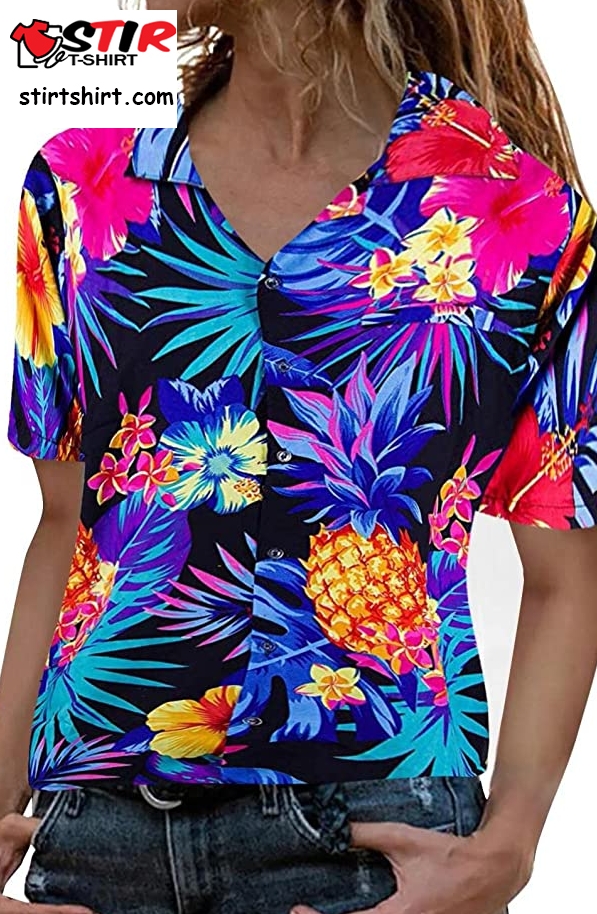 Hawaii Hawaiian T Shirt Womens Beach Casual Summer Tops Button Down Collared Loose Blouse Printed Short Sleeve Shirts