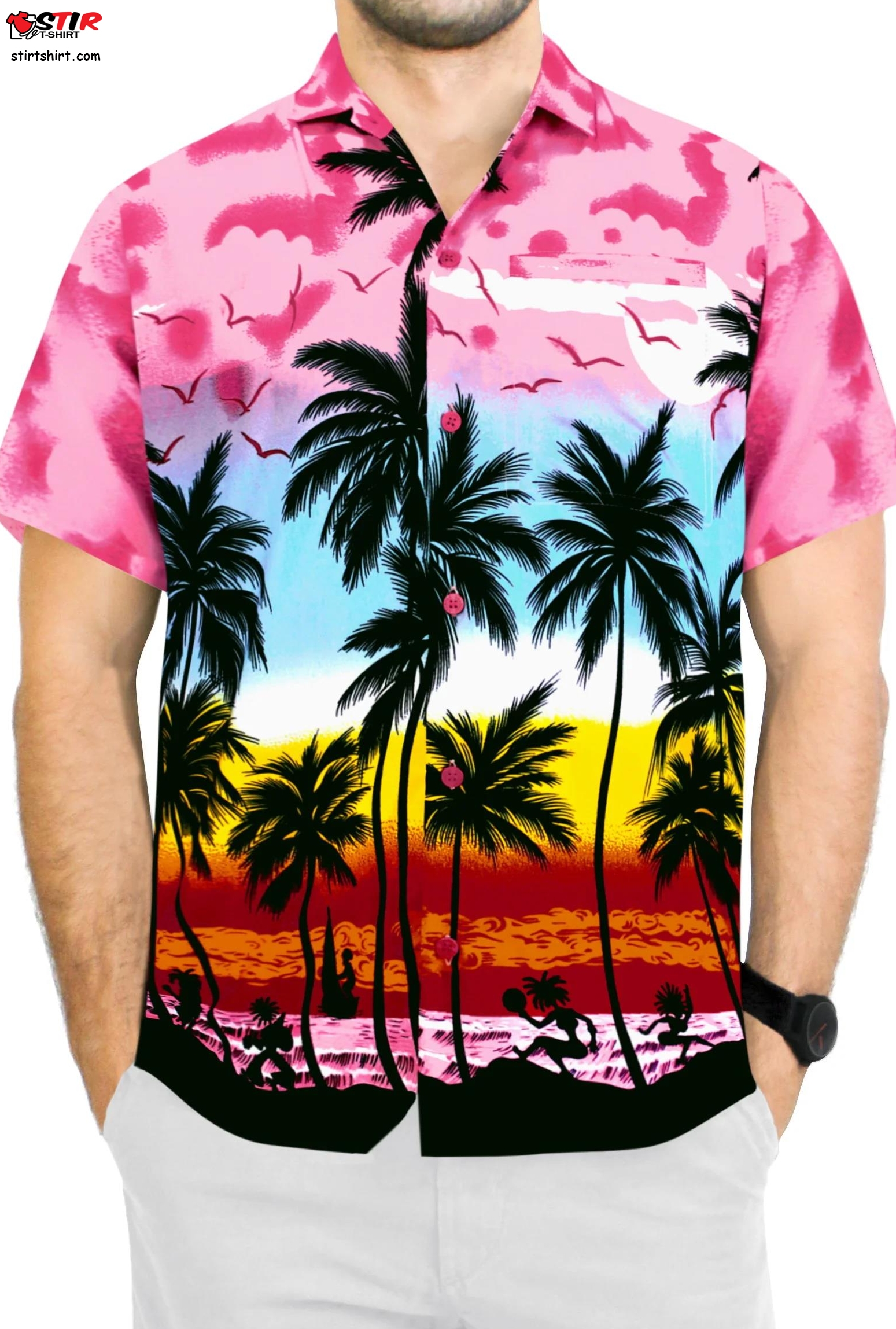 Hawaiian Shirt For Men Short Sleeve Front Pocket Beach Palm Tree Pink  Pink  Men