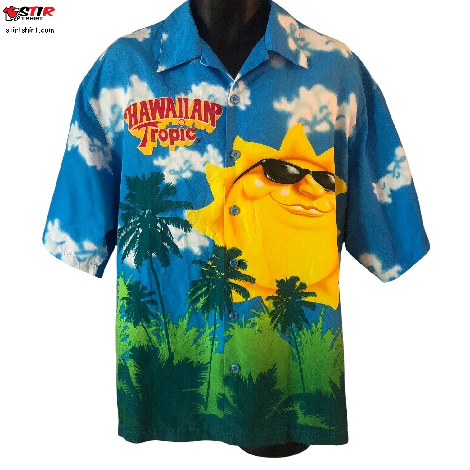 Hawaiian Tropic MenS Hawaiian Shirt Xl Logo Blue Sky Smiling Sun  Blue Sky Inn 