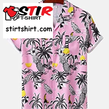 Hgjh Hawaiian Shirt, Casual Linen Shirts Men Coconut Tree Black Print Pink Hawaiian Shirt  Pink  Men