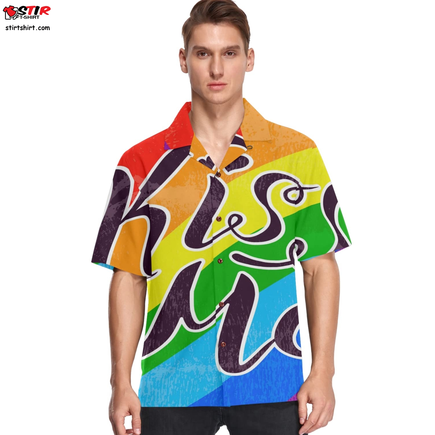 Kiss Me Rainbow Strips Men_S Hawaiian Shirt Gay Pride Lgbt Short Sleeves Button Down Aloha Shirts Beach Dress Shirts  Kiss 