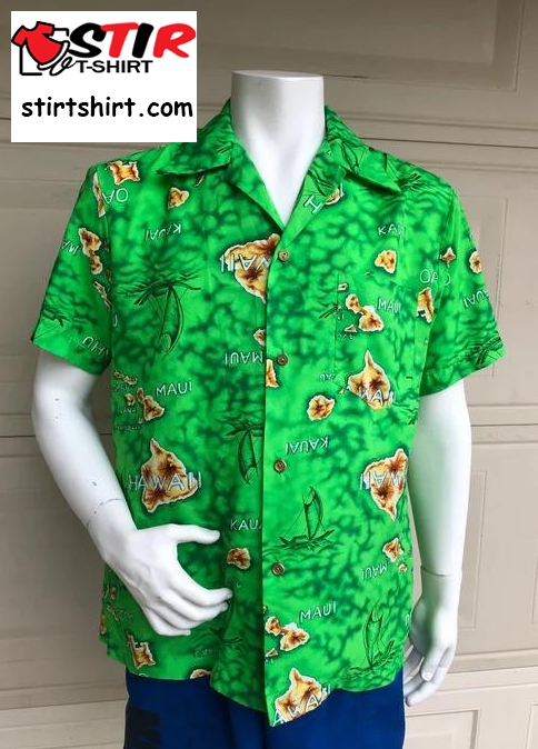 Lime Green Hawaiian Shirt With Hawaiian Islands Map Print   Green