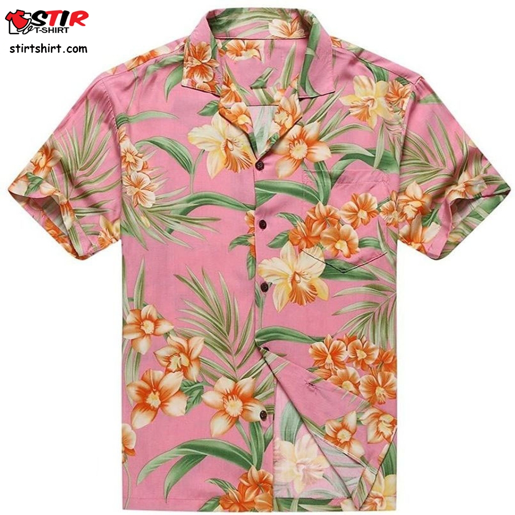 Made In Hawaii Mens Hawaiian Shirt Aloha Shirt Orange Floral With Green Leaf In Pink  Mens s