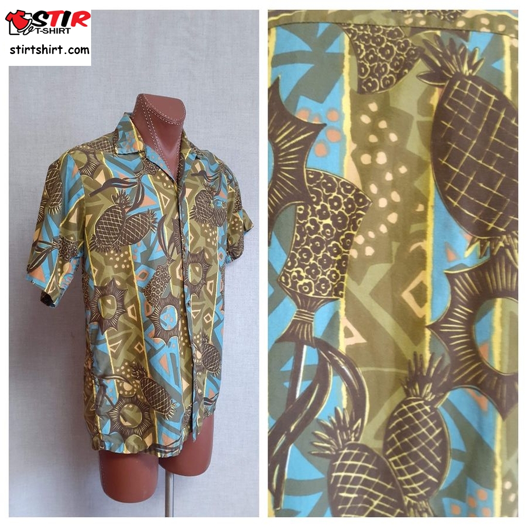 Mens 50'S Hawaiian Shirt With Loop Button Rare   Bark Cloth Pineapple Tribal Hawaii Shirt   50 Cabana Shirt   Tropicana Mens Novelty Shirt  Mens s