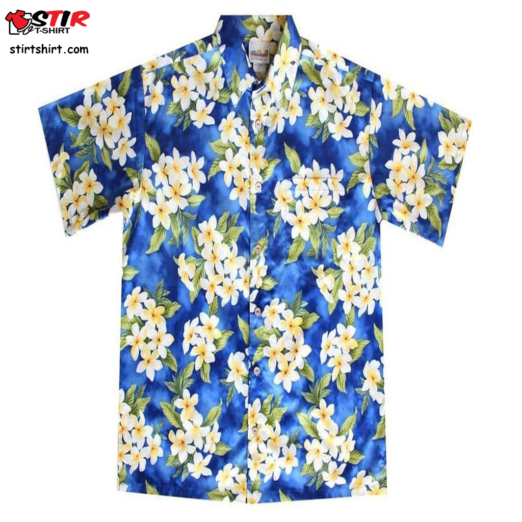 Mens Blue Hawaiian Shirt With Plumeria Flowers  Mens s