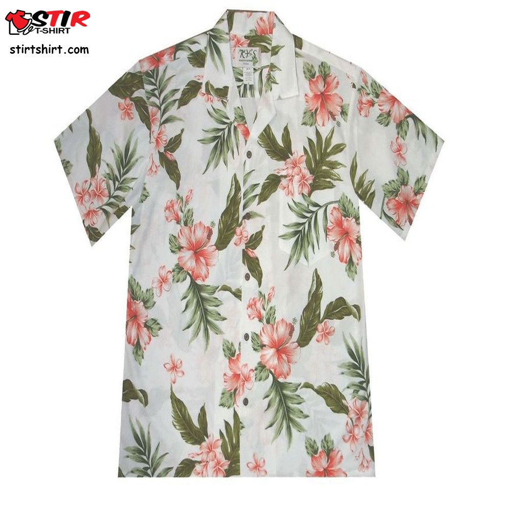 Mens Button Down Hawaiian Shirt With Coral Plumeria And Hibiscus  Mens s