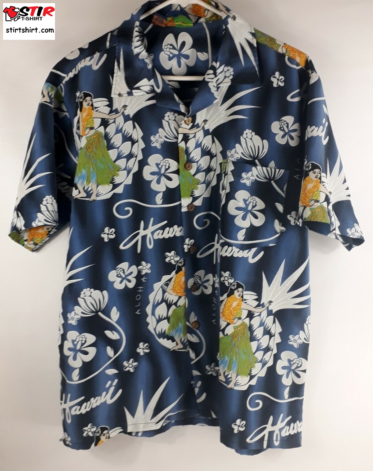 Men_S Hawaiian Shirt Roundy Bay Large Aloha Hula Girl Dancer Blue Polyester