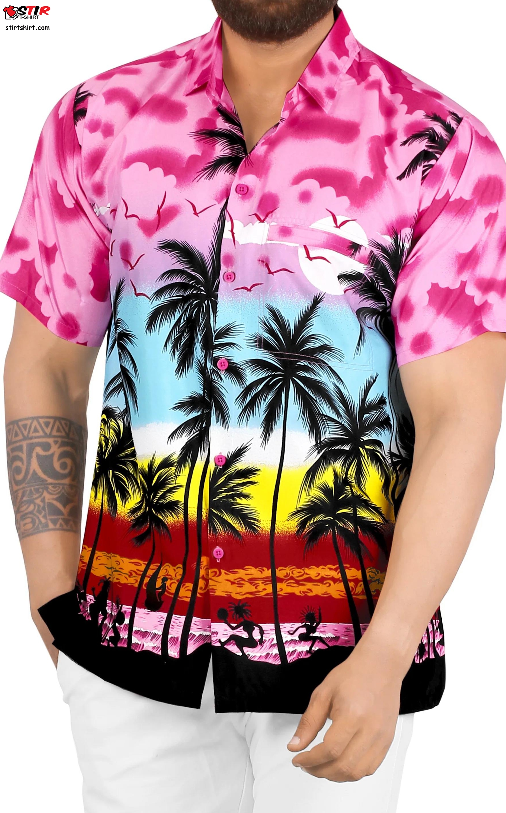 Men_S Pink Breast Cancer Shirt Casual Button Down Short Sleeve Hawaiian Aloha Beach Shirt For Men Pink  Hot Pink 