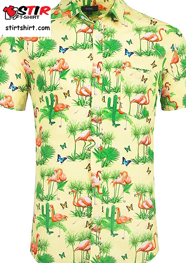 Nutexrol Mens Aloha Hawaiian Shirt Flamingos Printed Casual Short Sleeve  Polyester 