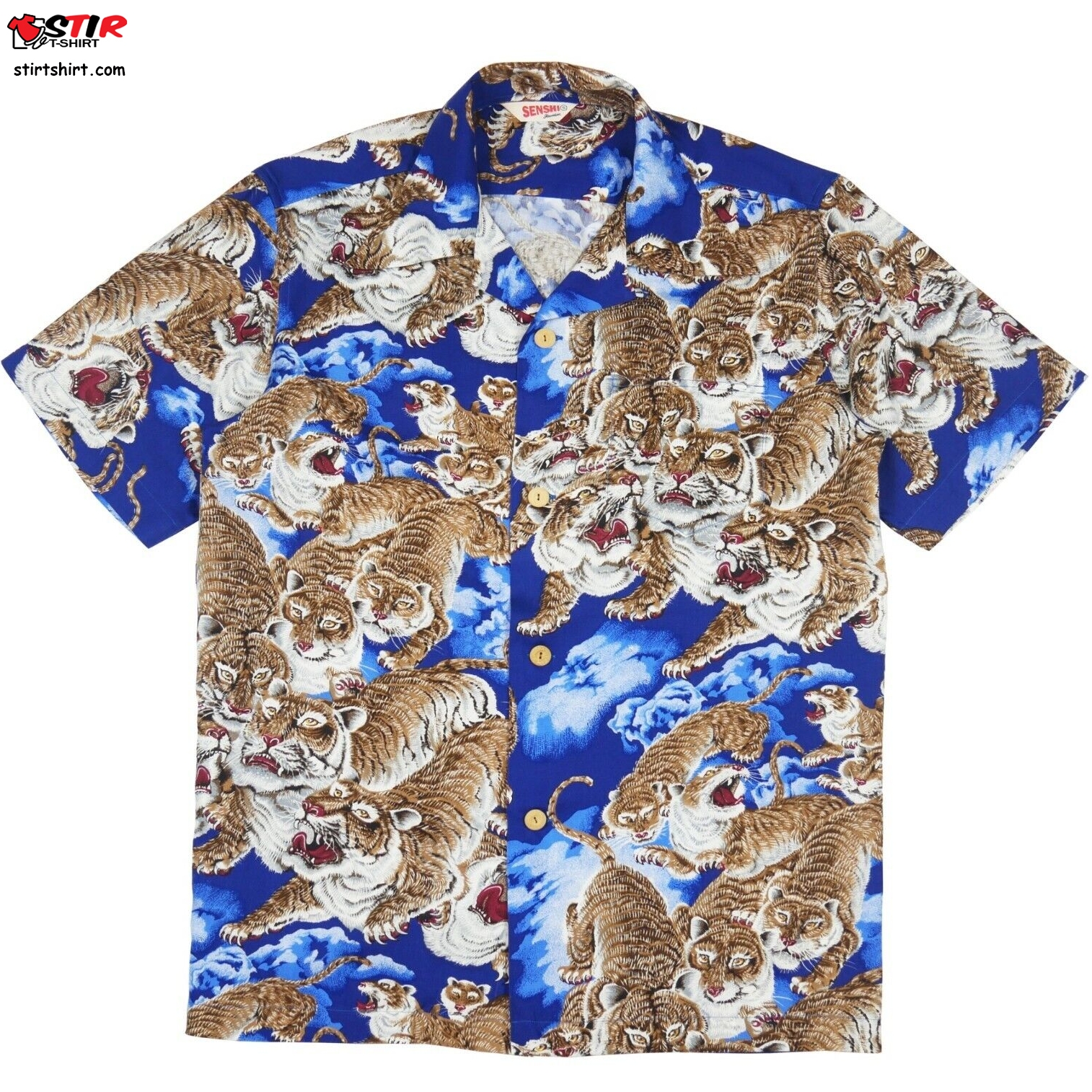 One Hundred Tiger Hawaiian Shirt Blue Short Sleeves